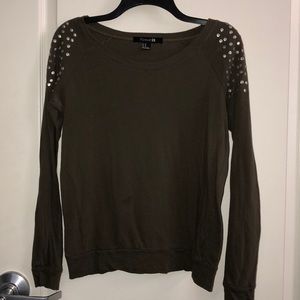 Army green sweater top with embellished shoulders